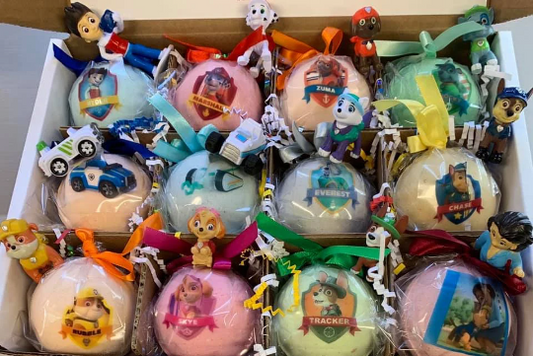 12 XL Bath Bomb Fizzies with surprise Paws Patrol figure inside, handmade, natural ingredients, fruity, kid-friendly scents, Goodies N Stuff