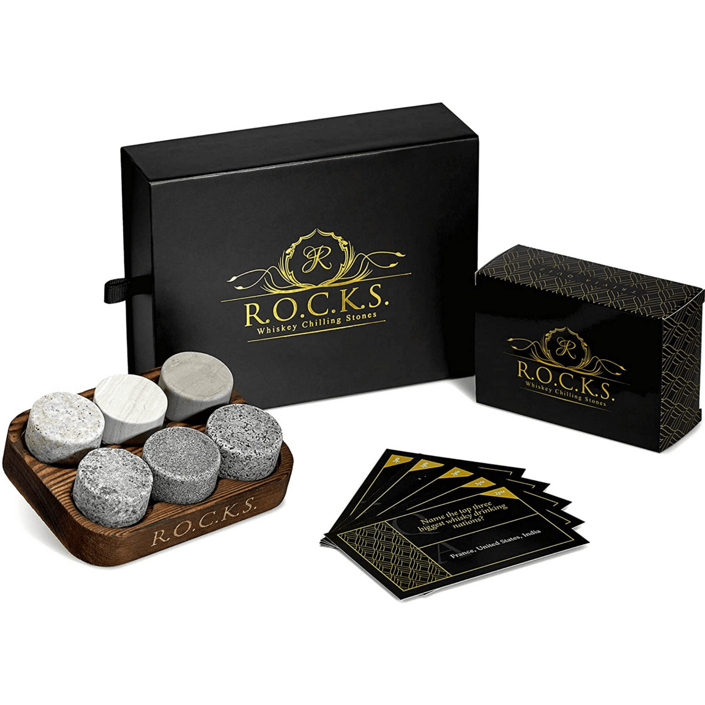 Whiskey Chilling Stones & Whiskey Quiz Gift Set - 100 Q&A, Goodies N Stuff