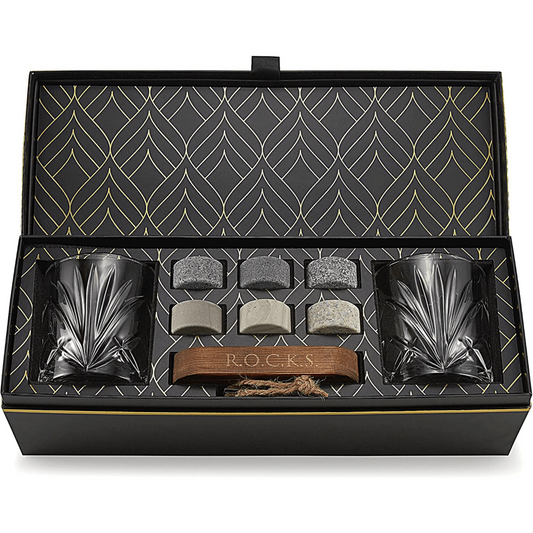 Whiskey Chilling Stones Gift Set With 2 Palm Crystal Glasses, Goodies N Stuff