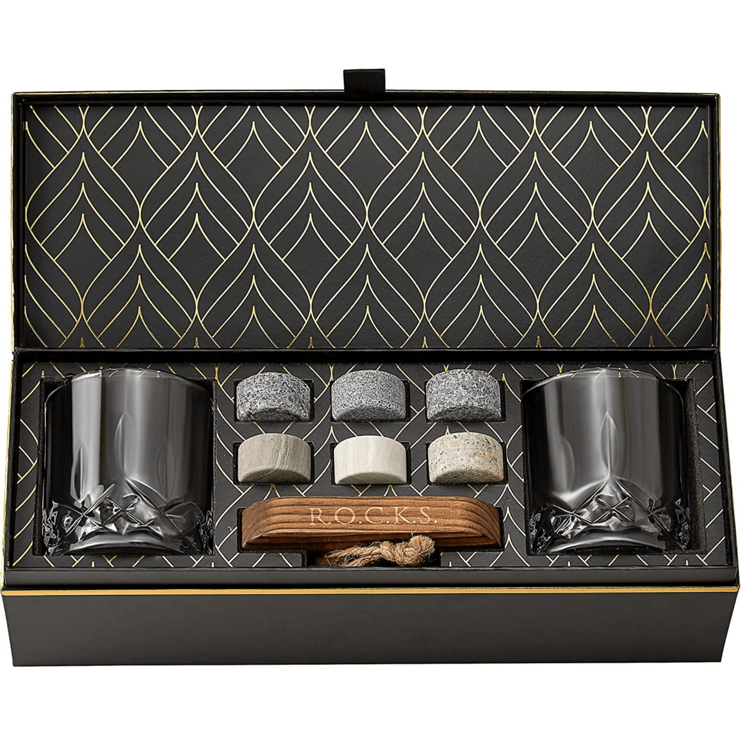 Whiskey Chilling Stones Gift Set With 2 Signature Crystal Glasses, Goodies N Stuff