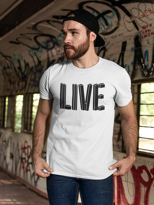 Cool 3D inscription "Live"  Men's White T-shirt, Goodies N Stuff