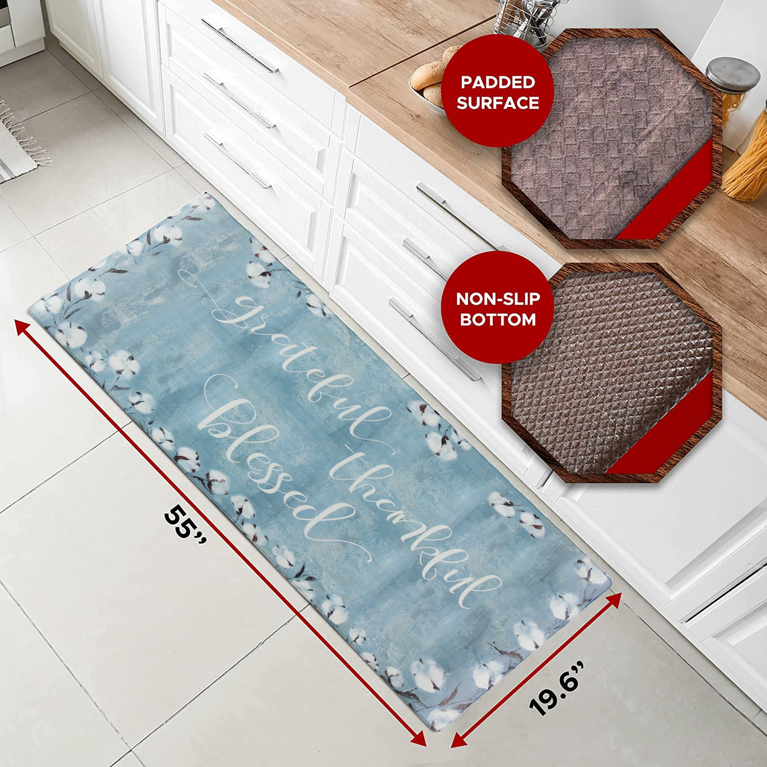 Grateful Thankful Bless Anti-Fatigue Memory Foam Kitchen Mat, Goodies N Stuff