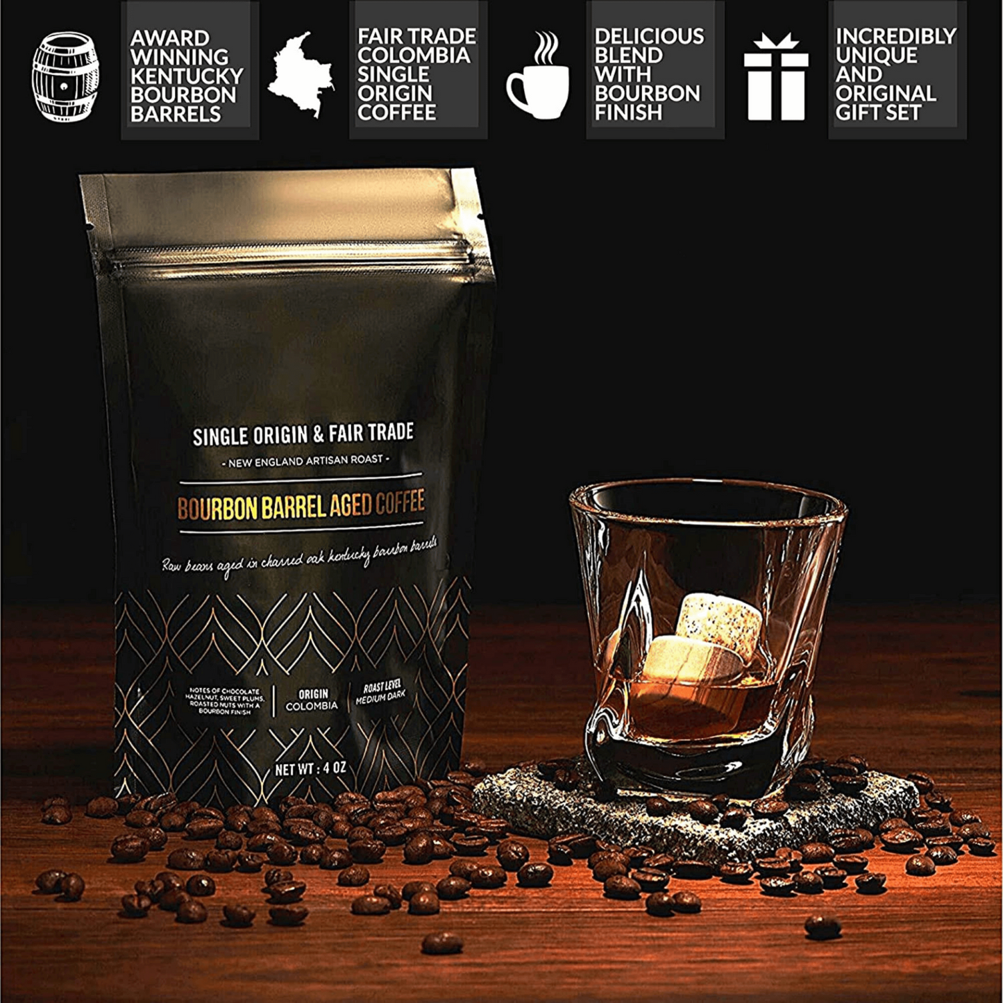 Whiskey Stones & Kentucky Bourbon Barrel Aged Coffee Tasting Gift Set, Goodies N Stuff