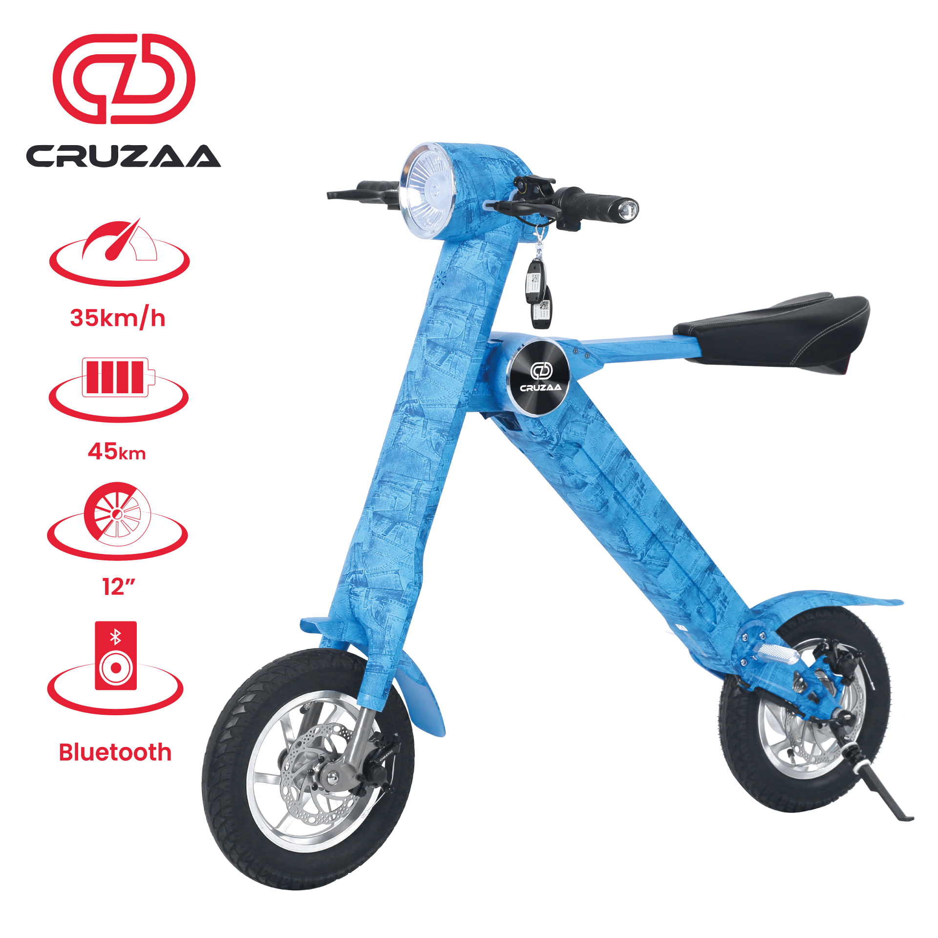 Limited Edition Cruzaa Electric Scooter - 45km Range & 35km/h Top Speed, Bluetooth & Speakers, USB - Denim Blue, Goodies N Stuff