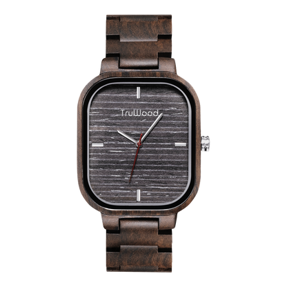 TruWood Ascent: Rugged Square Wood Watch with Dark Wood Dial and Red Second Hand, Goodies N Stuff
