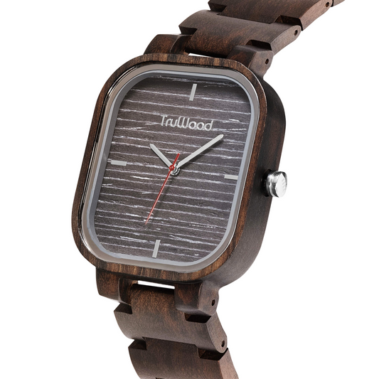 TruWood Ascent: Rugged Square Wood Watch with Dark Wood Dial and Red Second Hand, Goodies N Stuff