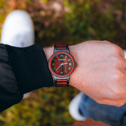 Architect - Casually Elegant Stainless Steel Watch with Red Sandalwood Bezel and Roman Numerals, Goodies N Stuff