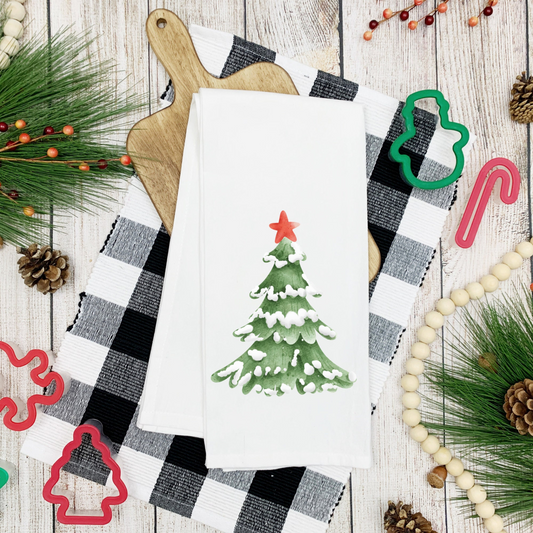Christmas Farmhouse Snowy Tree Tea Towel , Decorative Christmas Kitchen Hand Towel for Airbnb Xmas Decor, Holiday Kitchen Gift Dish Towel, Goodies N Stuff
