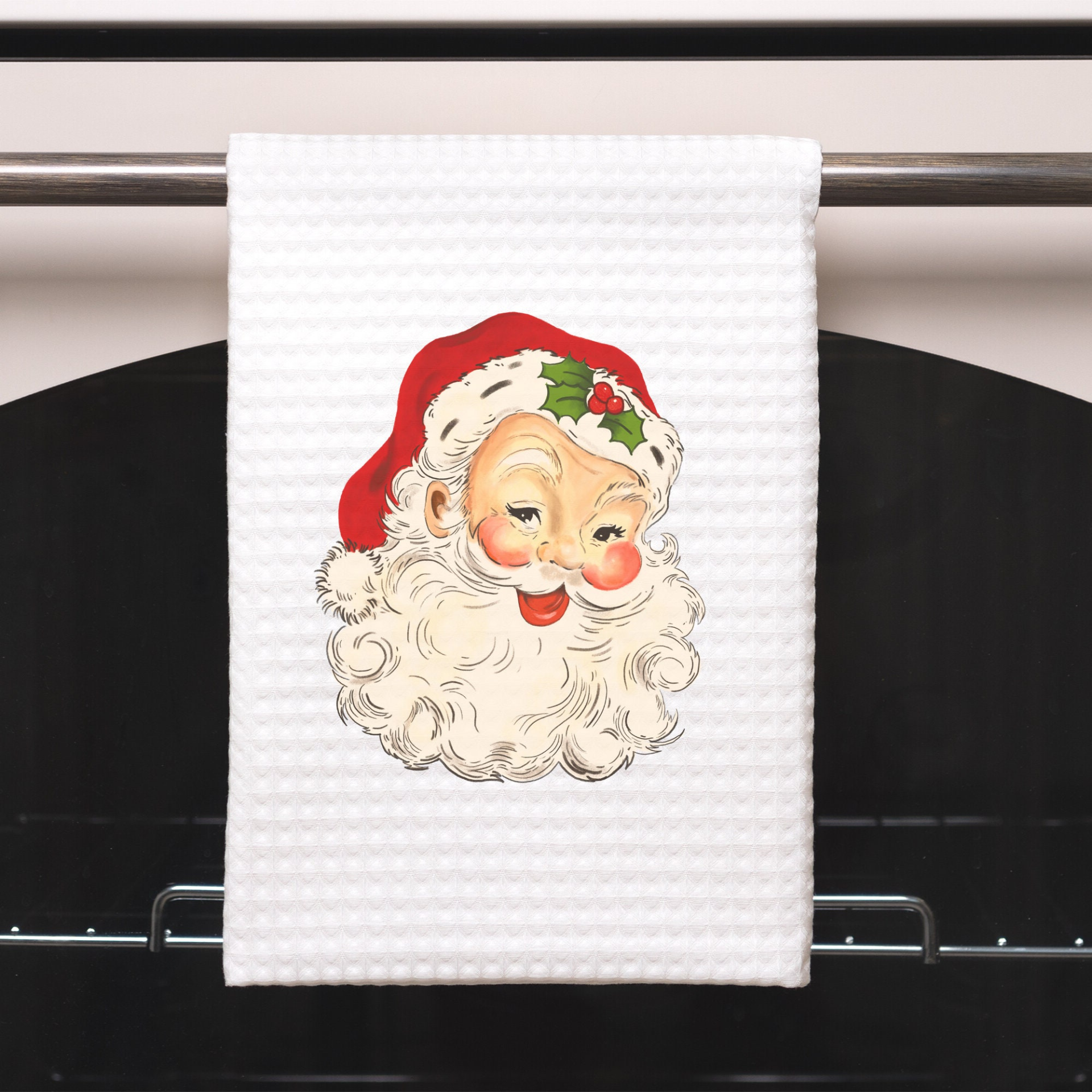 Christmas Farmhouse Vintage Santa Tea Towel , Decorative Christmas Kitchen Hand Towel for Airbnb Xmas Decor, Holiday Kitchen Gift Dish Towel, Goodies N Stuff