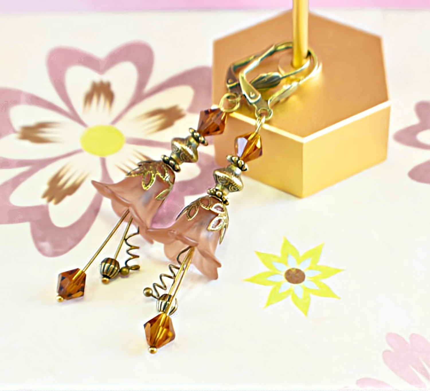 Vintage Victorian Style Chocolate Brown and Antique Bronze Bell Flower Lucite Earrings, Goodies N Stuff
