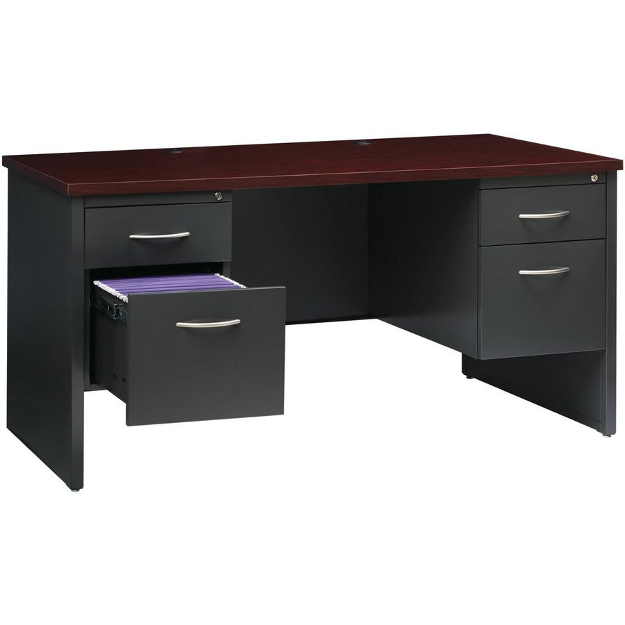 Lorell Fortress Modular Series Double-Pedestal Desk - 60" x 30" , 1.1" Top - 2 x Box, File Drawer(s) - Double Pedestal - Material: Steel - Finish: Mahogany Laminate, Charcoal - Scratch Resistant, Stai, Goodies N Stuff