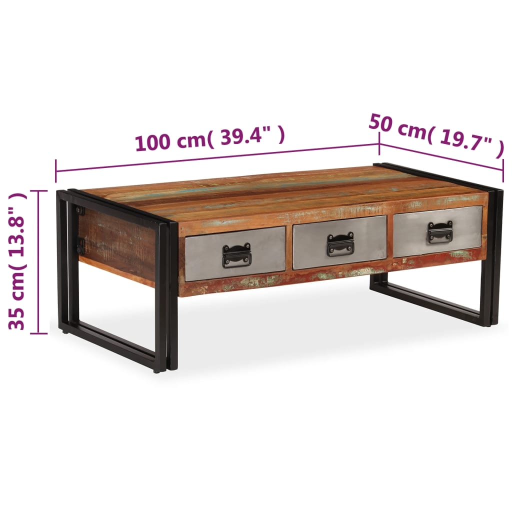 vidaXL Coffee Table with 3 Drawers Solid Reclaimed Wood 39.4"x19.7"x13.8", Goodies N Stuff