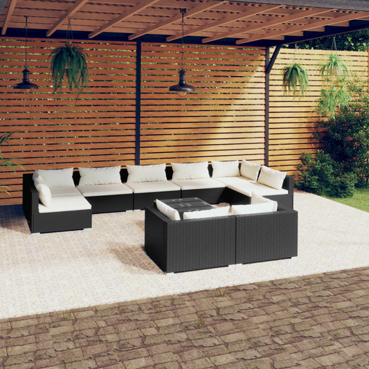 vidaXL 10 Piece Patio Lounge Set with Cushions Black Poly Rattan, Goodies N Stuff