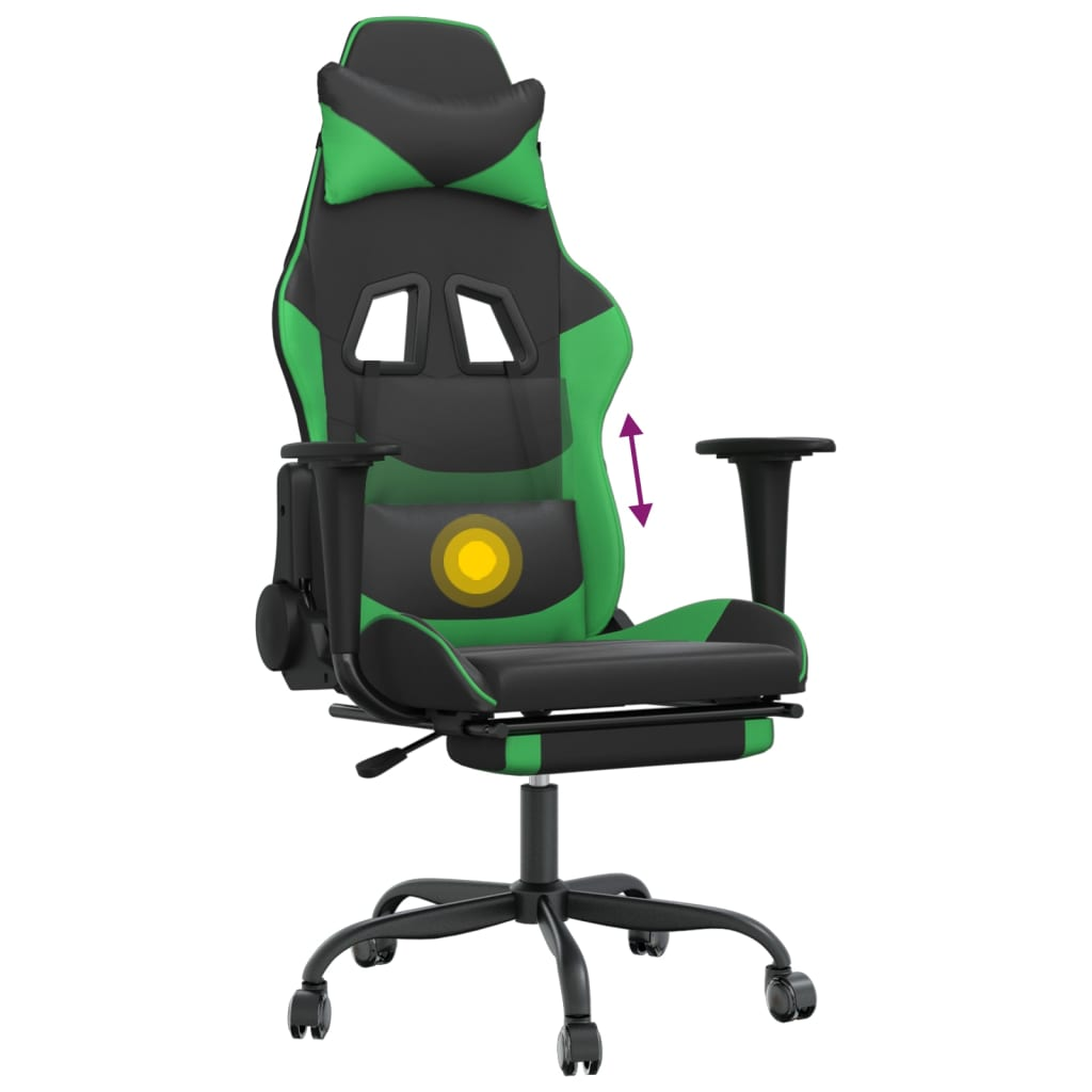 vidaXL Massage Gaming Chair with Footrest Black&Green Faux Leather, Goodies N Stuff