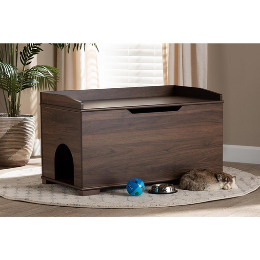Walnut Brown Finished Wood Cat Litter Box Cover House, Goodies N Stuff
