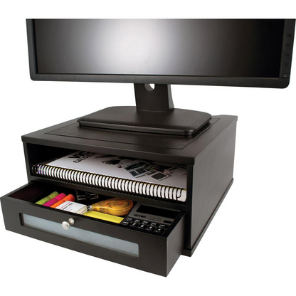 Victor 1175-5 Midnight Black Monitor Riser - Flat Panel Display Type Supported - 1 x Shelf(ves)13.4" Width x 13.4" Depth - Desktop - Matte Black - Faux Leather, Wood, Glass, Metal - Black, Goodies N Stuff