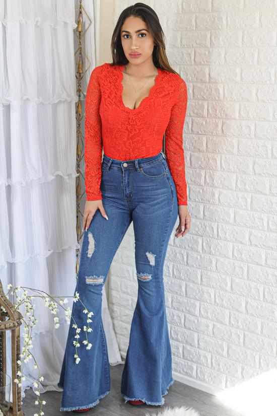 Alexandra Sheer Flora Lace Bodysuit - Red Orange | Elegant & Seductive, Goodies N Stuff