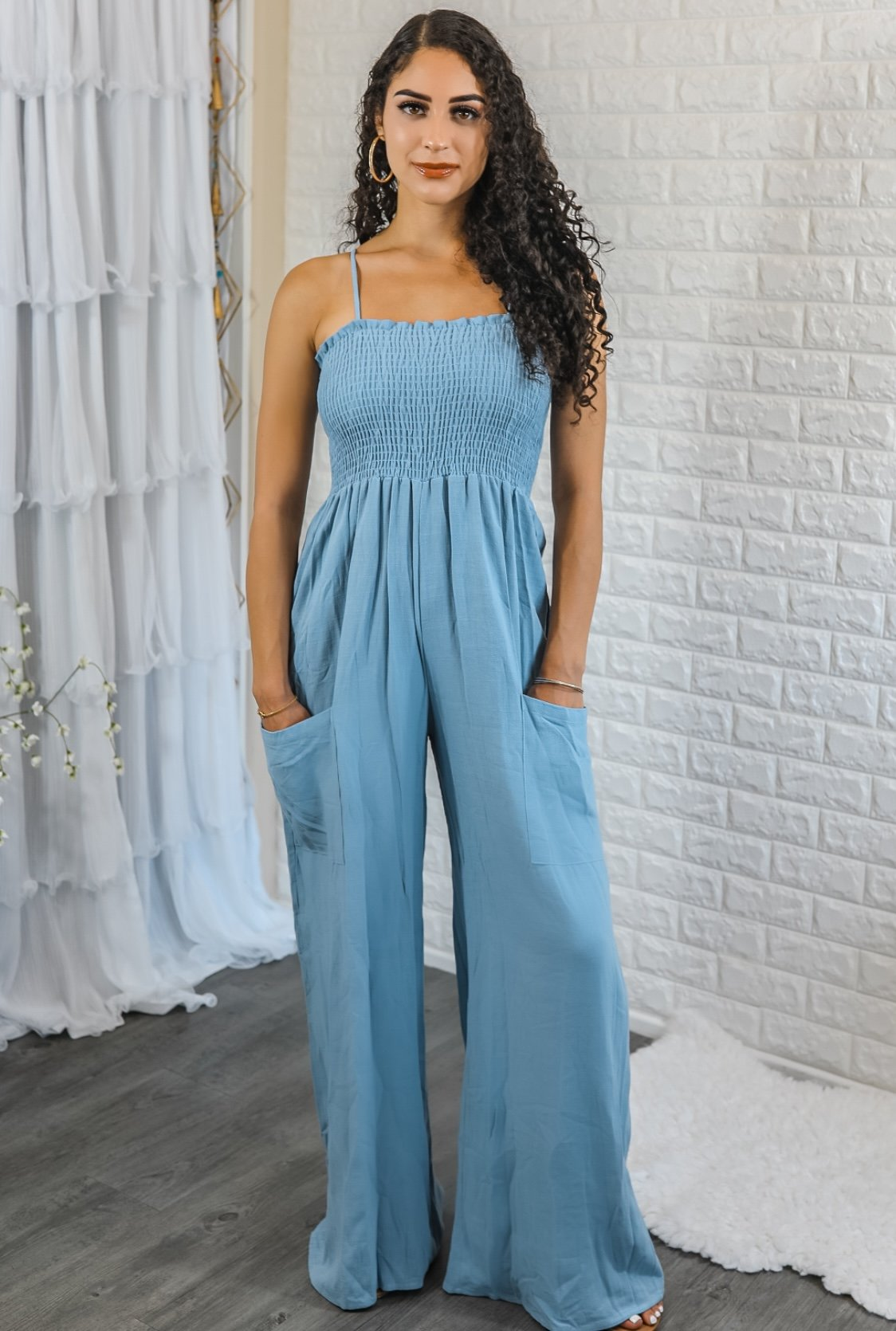 Angela Jumpsuit with Adjustable Straps - Smocking Linen Jumpsuit with Front Pockets, Goodies N Stuff