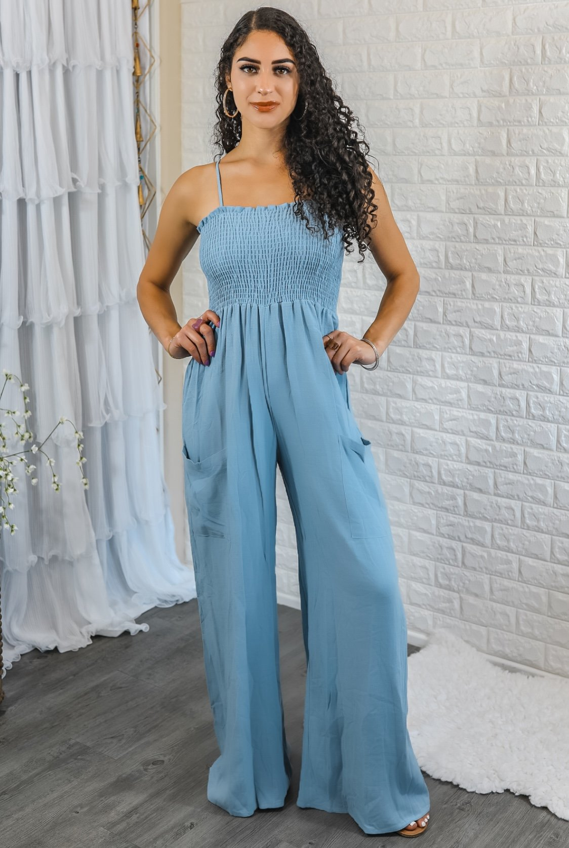 Angela Jumpsuit with Adjustable Straps - Smocking Linen Jumpsuit with Front Pockets, Goodies N Stuff