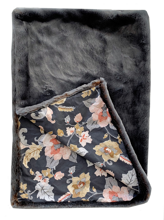 Two Tone Gray/Amber Handmade Luxury Throw with Floral Backing, Goodies N Stuff