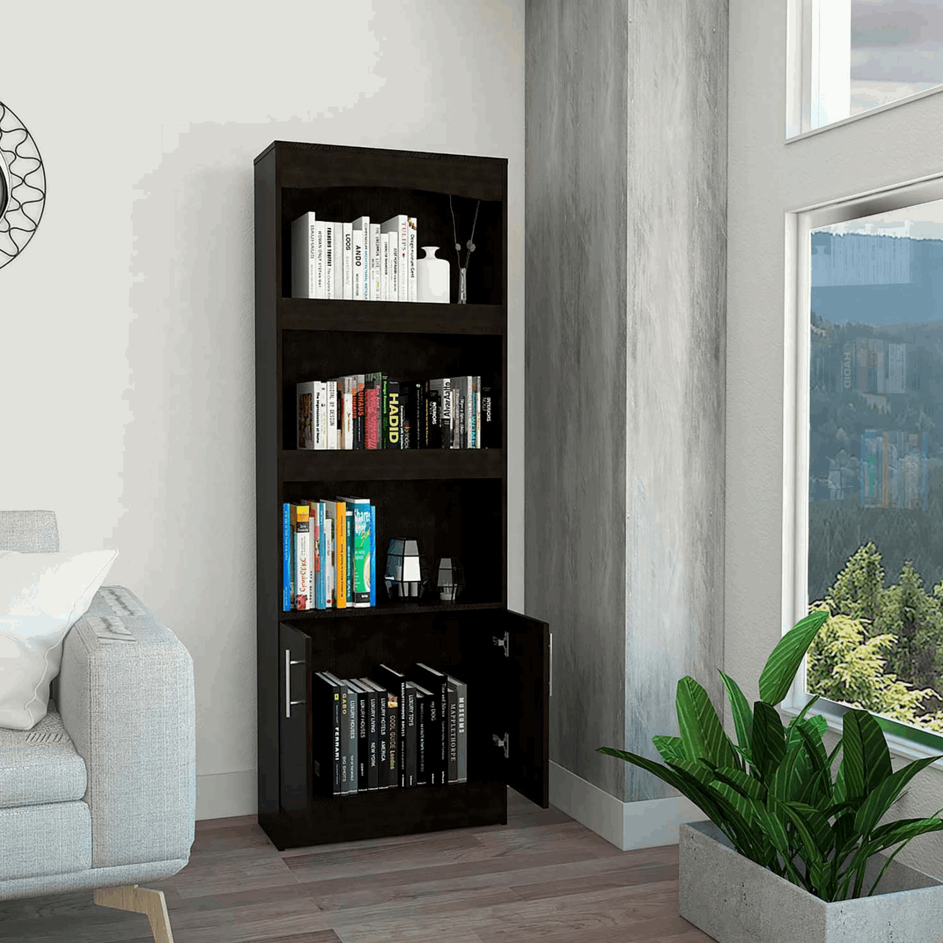 "71"" Light Gray Three Tier Bookcase with Two doors"