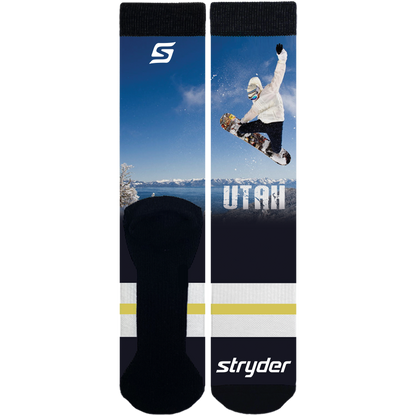 Utah Snowboard Navy and White Socks - Mid Calf Length, Bamboo Foot Bed, Moisture-Wicking, Goodies N Stuff