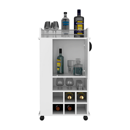Bar Cart with Casters Reese, Six Wine Cubbies and Single Door, White Finish, Goodies N Stuff