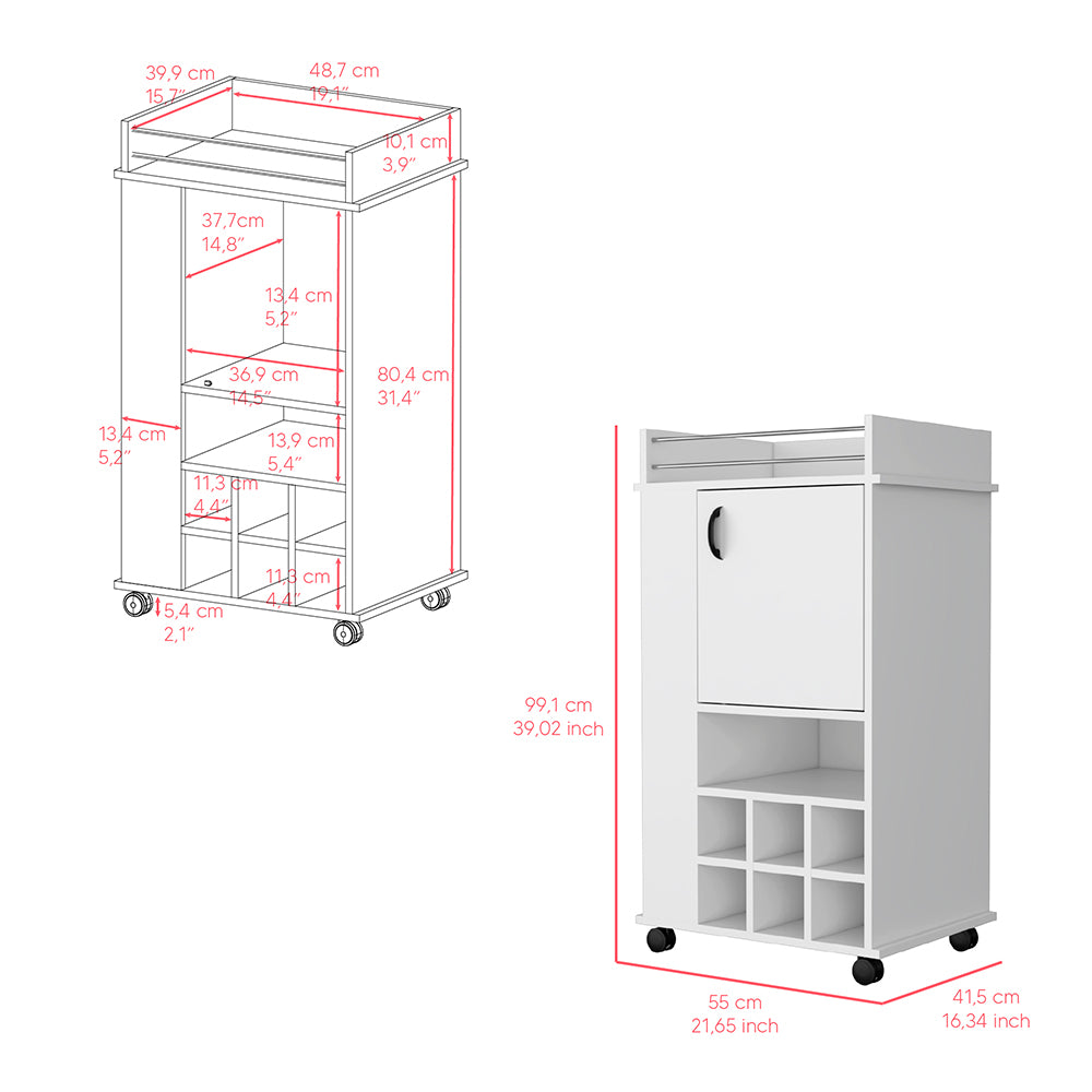 Bar Cart with Casters Reese, Six Wine Cubbies and Single Door, White Finish, Goodies N Stuff