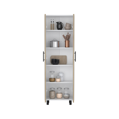 Reston 2 Piece Kitchen Set, Kitchen Island + Pantry Cabinet, White / Light Oak Finish, Goodies N Stuff