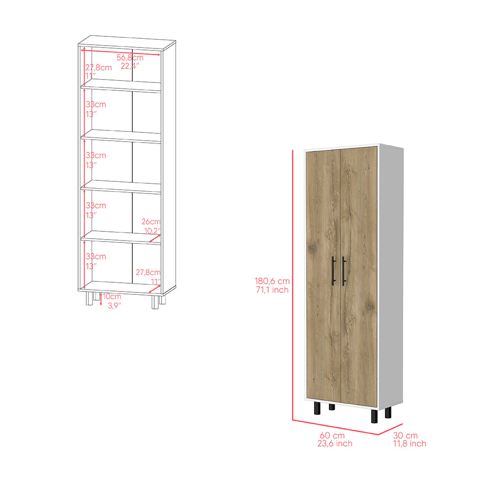 Reston 2 Piece Kitchen Set, Kitchen Island + Pantry Cabinet, White / Light Oak Finish, Goodies N Stuff