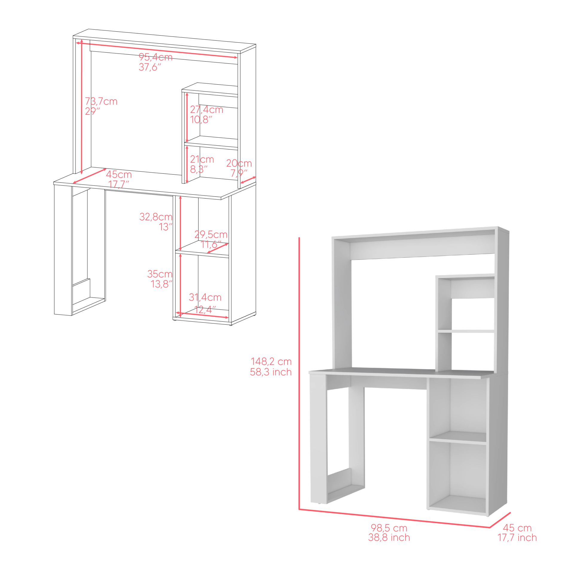 Desk Ryndon, Hutch, White Finish - Stylish and Functional Desk, Goodies N Stuff