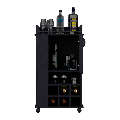 Bar Cart with Casters Reese, Six Wine Cubbies and Single Door, Black Wengue Finish, Goodies N Stuff