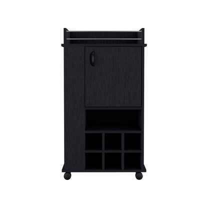 Bar Cart with Casters Reese, Six Wine Cubbies and Single Door, Black Wengue Finish, Goodies N Stuff