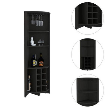 Corner Bar Cabinet Castle | Three Shelves, Eight Wine Cubbies | Black Wengue Finish, Goodies N Stuff