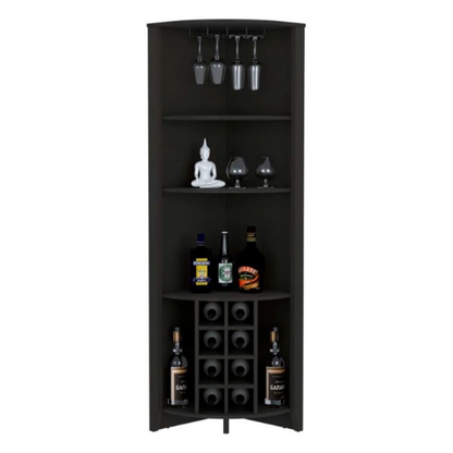 Corner Bar Cabinet Castle | Three Shelves, Eight Wine Cubbies | Black Wengue Finish, Goodies N Stuff