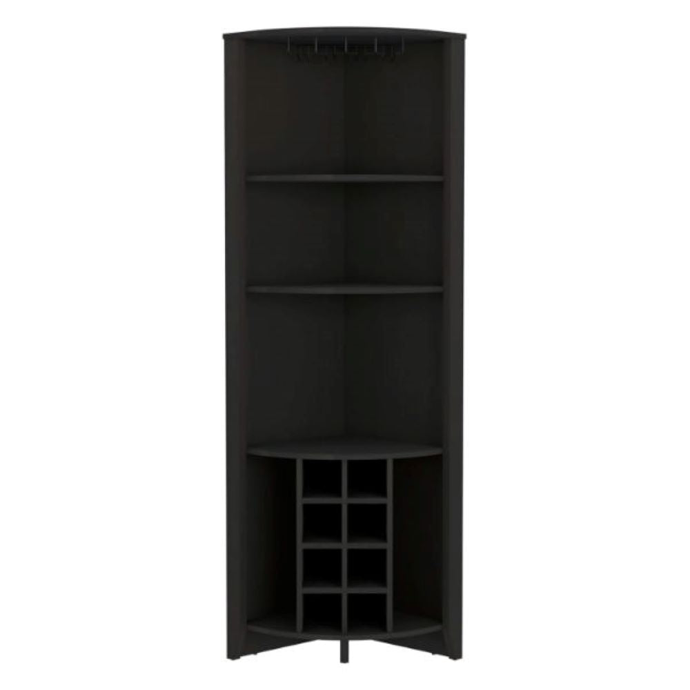 Corner Bar Cabinet Castle | Three Shelves, Eight Wine Cubbies | Black Wengue Finish, Goodies N Stuff