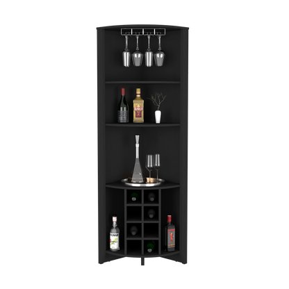 Corner Bar Cabinet Castle | Three Shelves, Eight Wine Cubbies | Black Wengue Finish, Goodies N Stuff