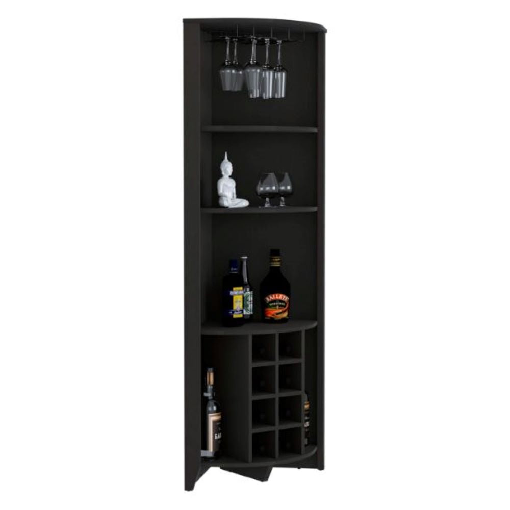 Corner Bar Cabinet Castle | Three Shelves, Eight Wine Cubbies | Black Wengue Finish, Goodies N Stuff