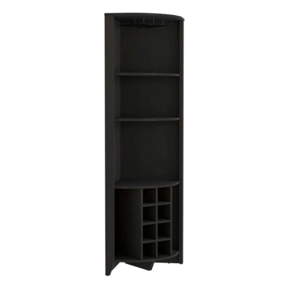 Corner Bar Cabinet Castle | Three Shelves, Eight Wine Cubbies | Black Wengue Finish, Goodies N Stuff