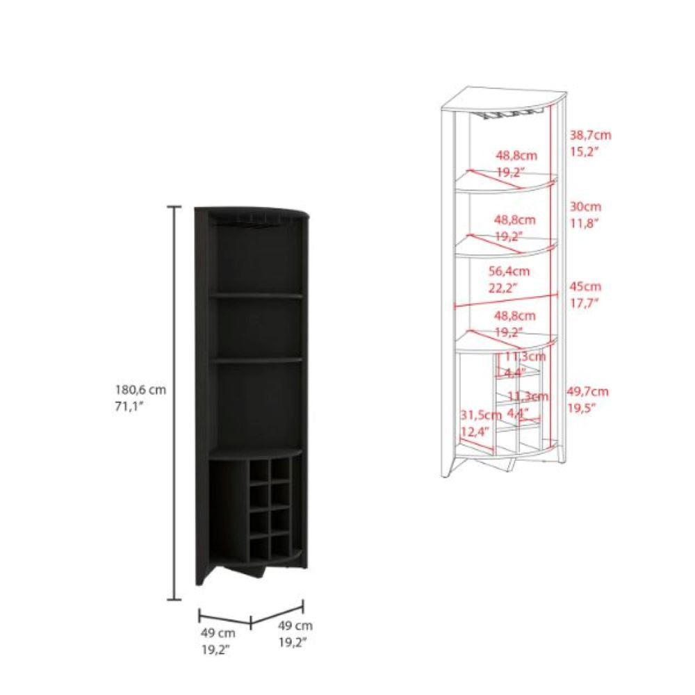 Corner Bar Cabinet Castle | Three Shelves, Eight Wine Cubbies | Black Wengue Finish, Goodies N Stuff