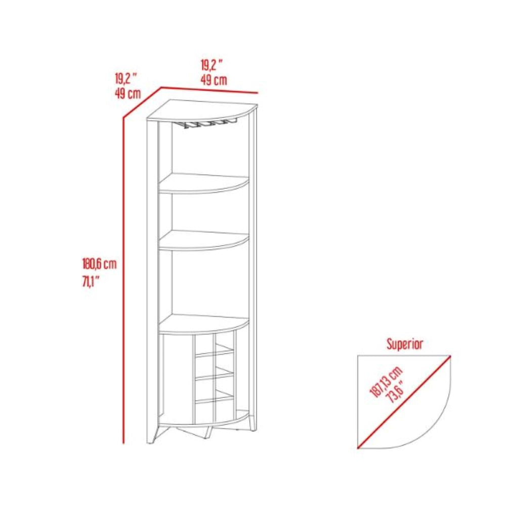 Corner Bar Cabinet Castle | Three Shelves, Eight Wine Cubbies | Black Wengue Finish, Goodies N Stuff