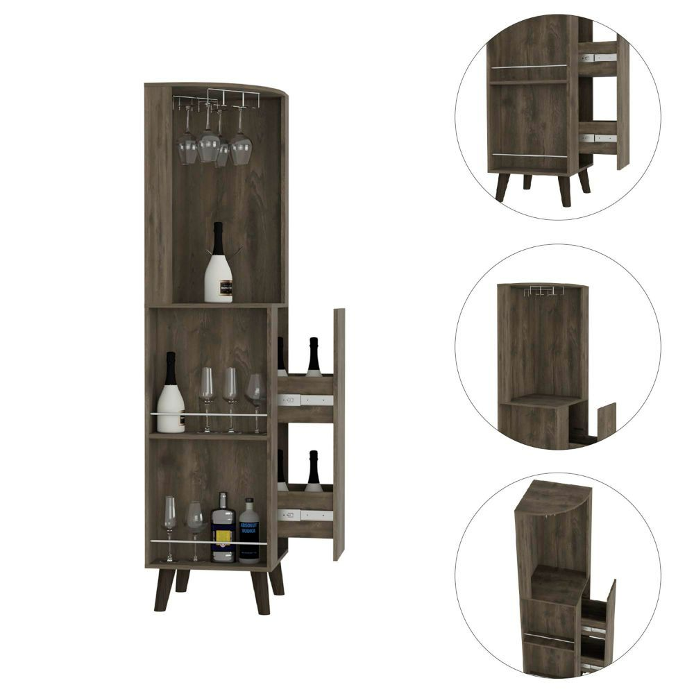 Corner Bar Cabinet Plex, Cup Rack, Two External Shelves, Dark Brown Finish, Goodies N Stuff