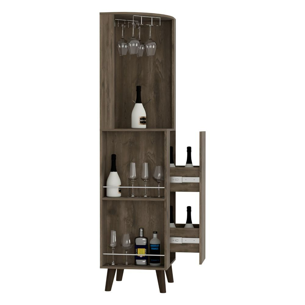 Corner Bar Cabinet Plex, Cup Rack, Two External Shelves, Dark Brown Finish, Goodies N Stuff