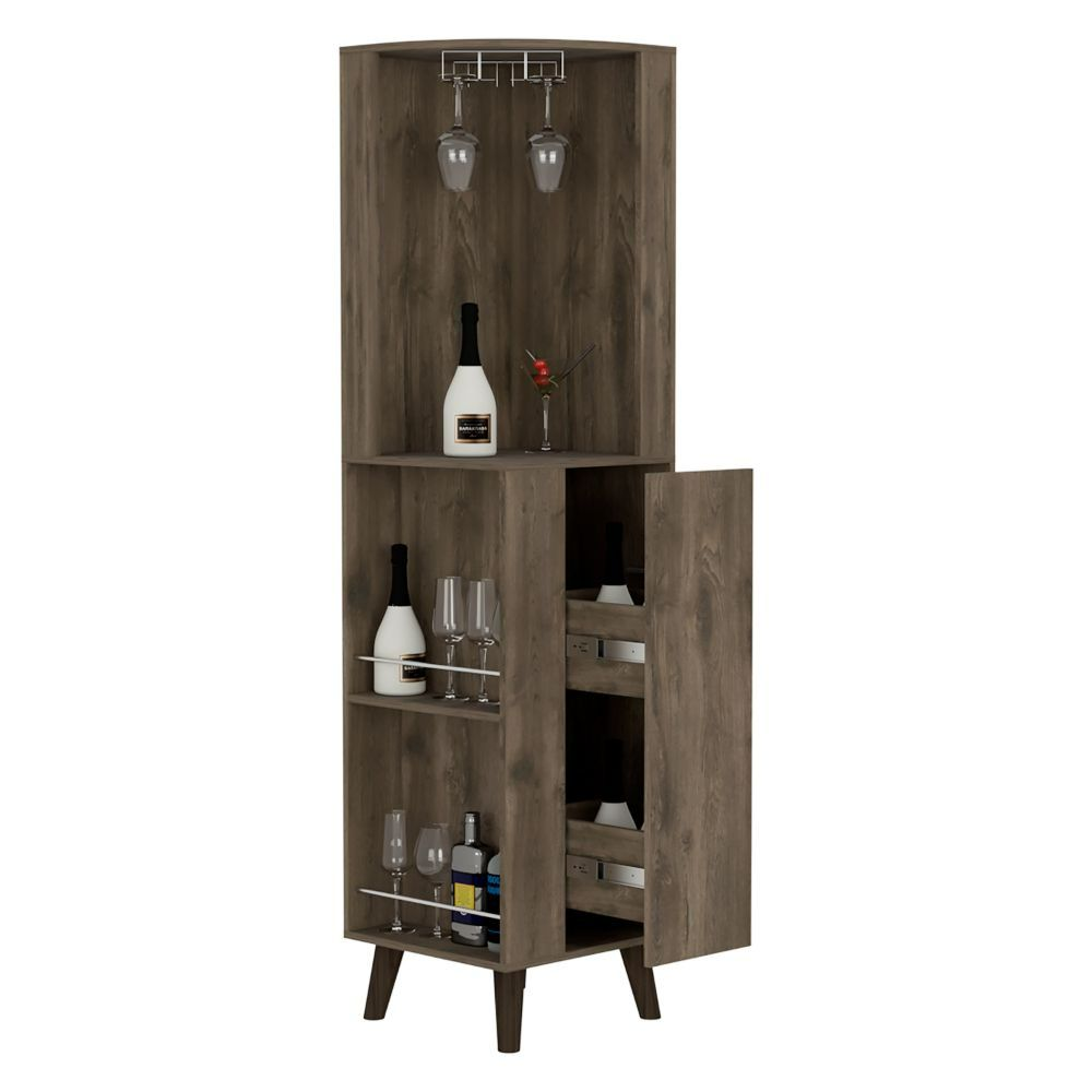 Corner Bar Cabinet Plex, Cup Rack, Two External Shelves, Dark Brown Finish, Goodies N Stuff