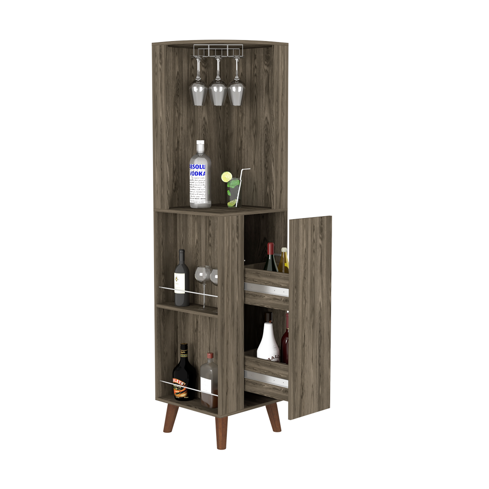 Corner Bar Cabinet Plex, Cup Rack, Two External Shelves, Dark Brown Finish, Goodies N Stuff