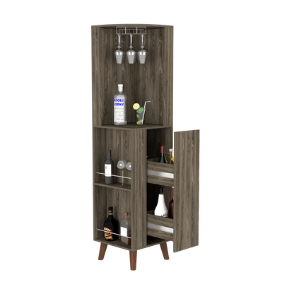 Corner Bar Cabinet Plex, Cup Rack, Two External Shelves, Dark Brown Finish, Goodies N Stuff