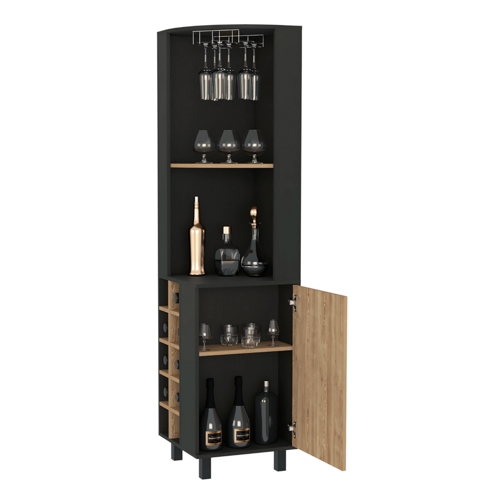 Corner Bar Cabinet Cleveland, Ten Wine Cubbies, Single Door, Black Wengue / Pine Finish, Goodies N Stuff