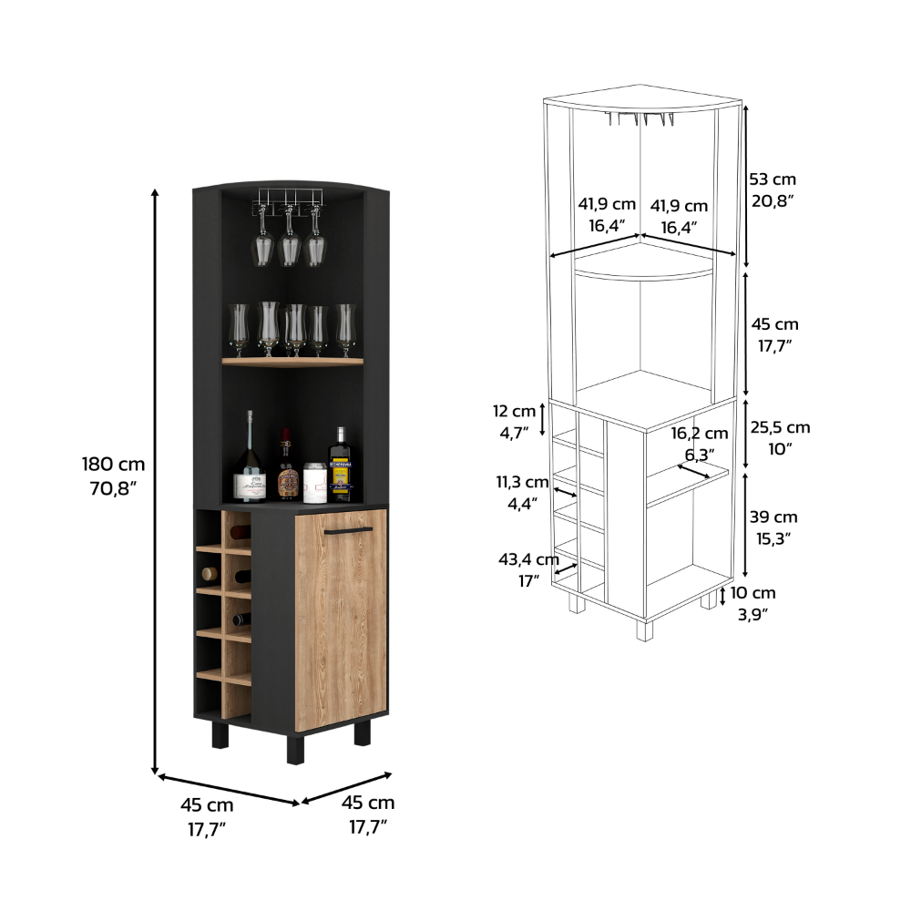 Corner Bar Cabinet Cleveland, Ten Wine Cubbies, Single Door, Black Wengue / Pine Finish, Goodies N Stuff