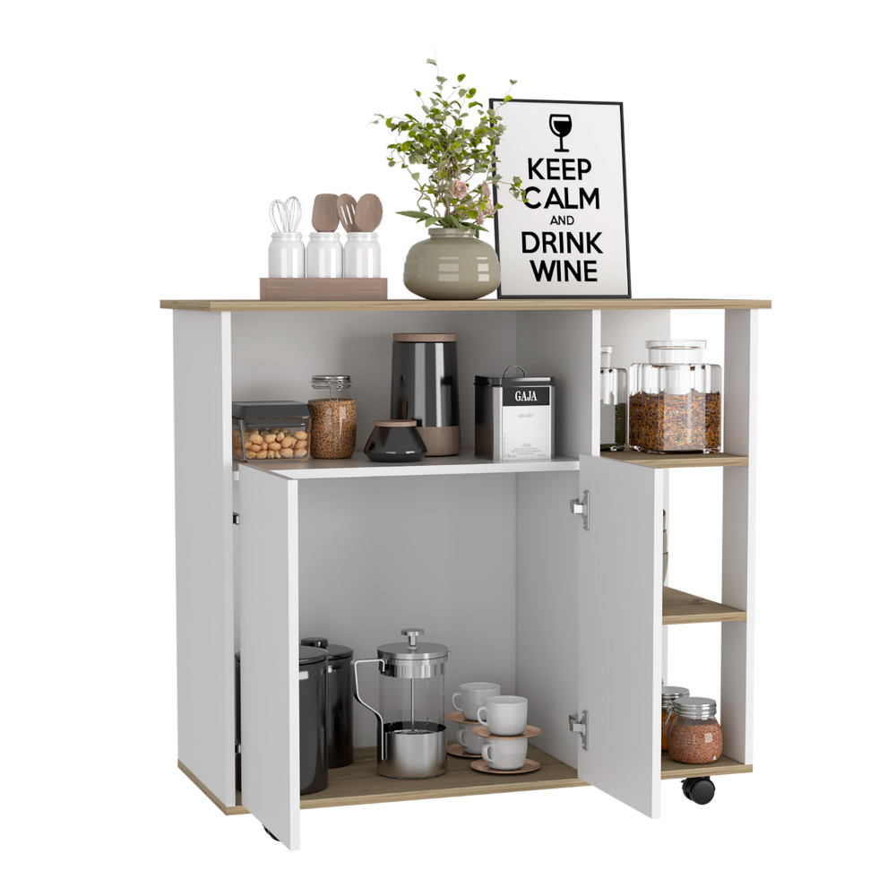 Kitchen Island Kamkacht, One Cabinet, Four Open Shelves, Light Oak / White Finish, Goodies N Stuff