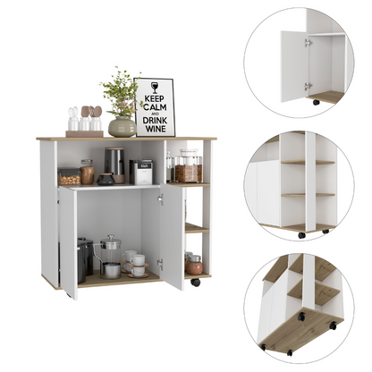 Kitchen Island Kamkacht, One Cabinet, Four Open Shelves, Light Oak / White Finish, Goodies N Stuff